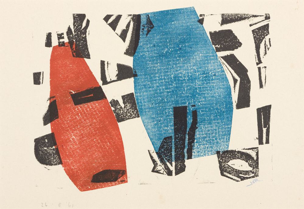 Compositie met rode en blauwe vormen